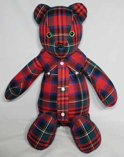 14 - BearyHuggables_Red flannel with green eyes memory bear